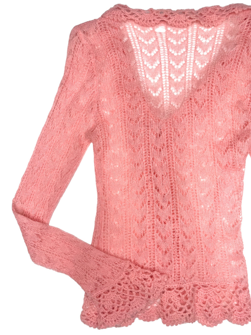 Vintage 2000s Y2K Mohair Wool Blend Pastel Baby Pink Ruffled Crochet Lightweight Cardigan Sweater with Tie | Size S