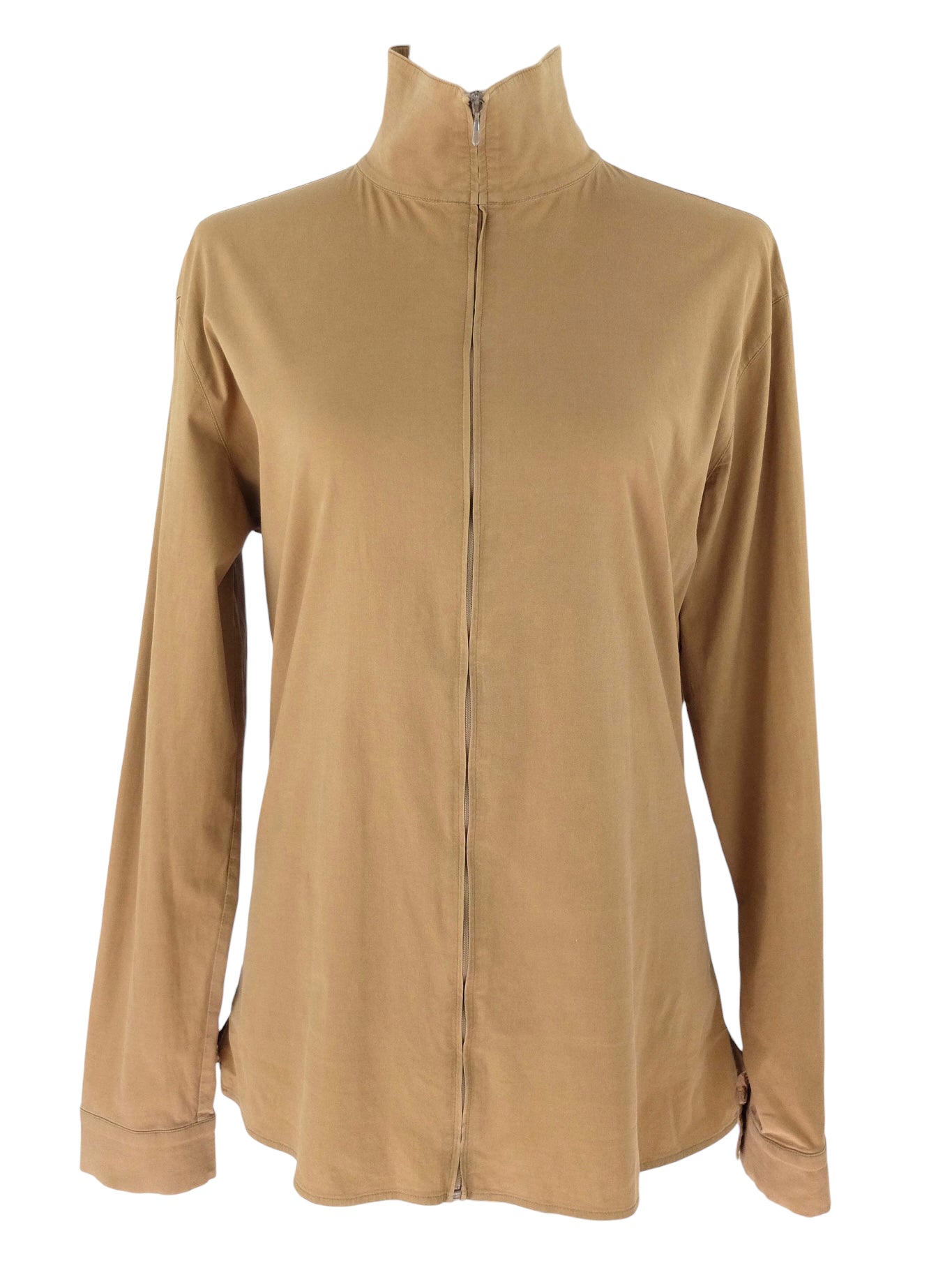 Vintage 90s Y2K Miu Miu Tan Brown High Roll Neck Zip Up Basic Lightweight Long Sleeve Shirt Jacket | Size L