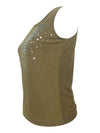 Vinntage 2000s Y2K Marella Olive Green Sleeveless Blouse with Blue Embellished Sequin Detail | Size M