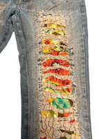 Vintage 2000s Y2K Bohemian Grunge Low Mid Rise Ripped Faded Denim Straight Leg Slim Jeans With Floral Patchwork Detail | 28 Inch Waist