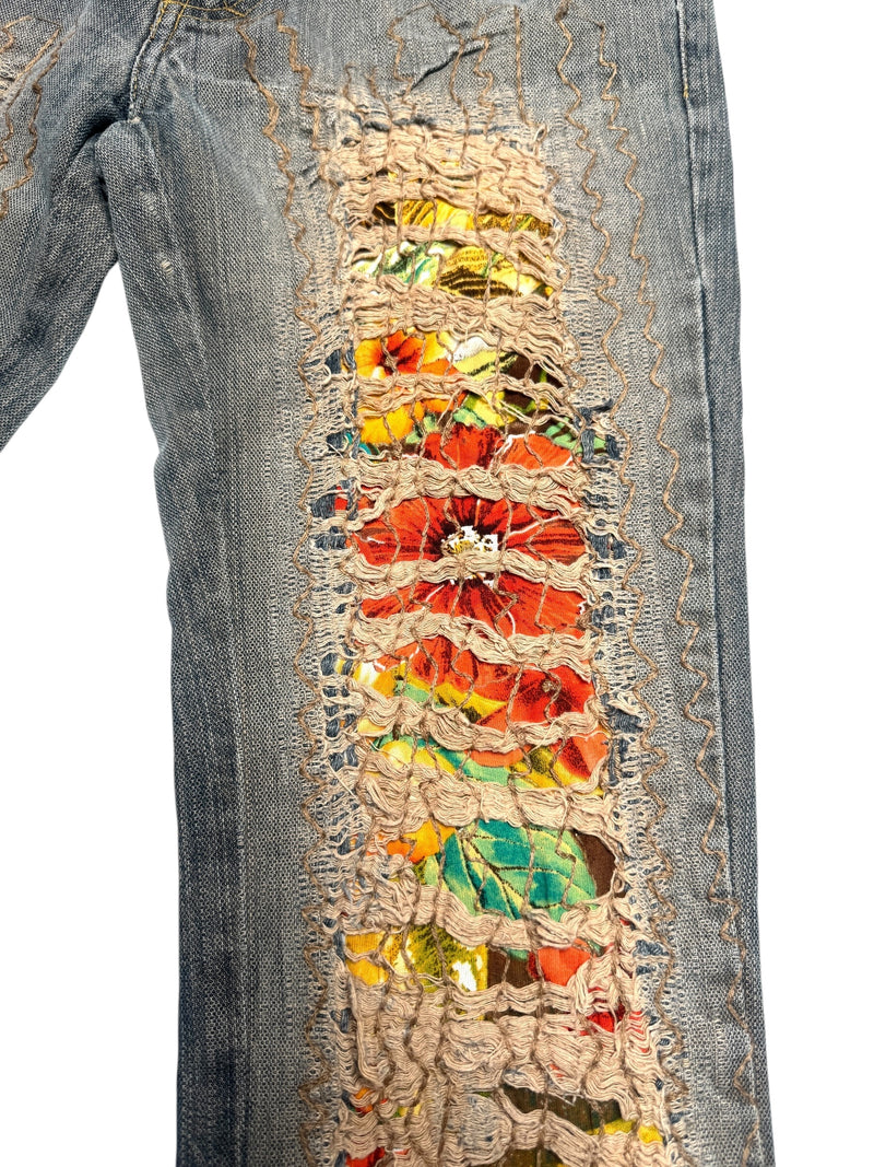 Vintage 2000s Y2K Bohemian Grunge Low Mid Rise Ripped Faded Denim Straight Leg Slim Jeans With Floral Patchwork Detail | 28 Inch Waist