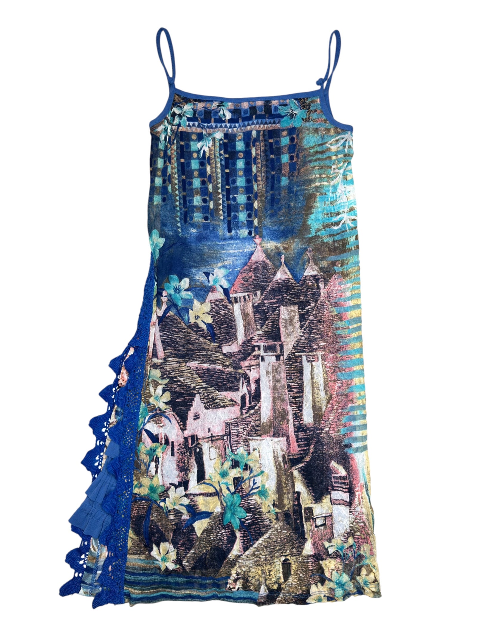 Vintage 2000s SAVE THE QUEEN Blue Abstract Mesh Midi Tank Dress | Size M