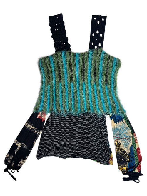 Vintage 2000s Y2K Save The Queen Subversive Abstract Print Off-the-Shoulder Long Sleeve Blouse with Knit Bolero Detail | Size M