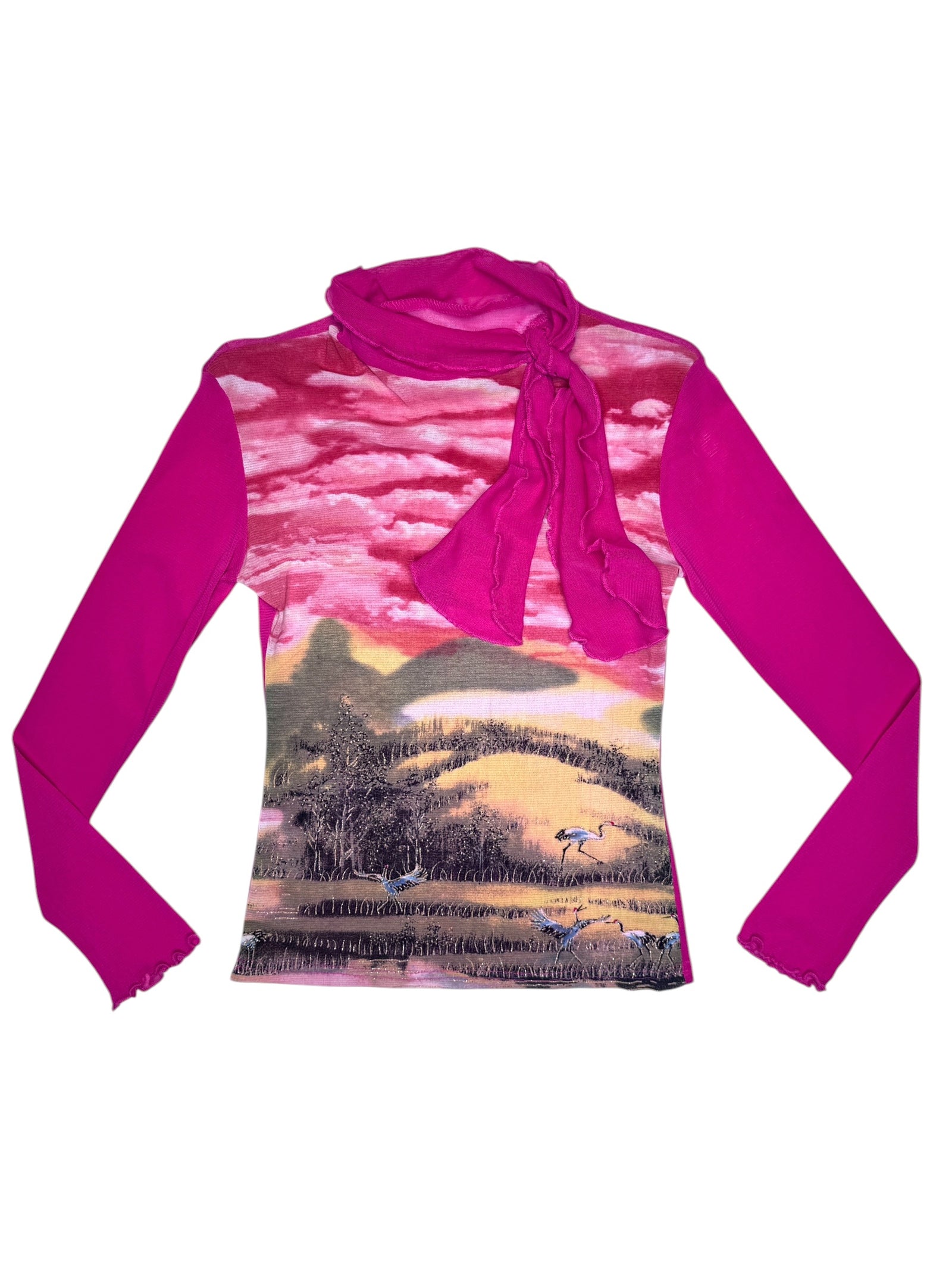 Vintage 2000s Hot Pink Glitter Abstract Nature Print Long Sleeve Mesh Top With High Neck & Tie Detail | Size XS