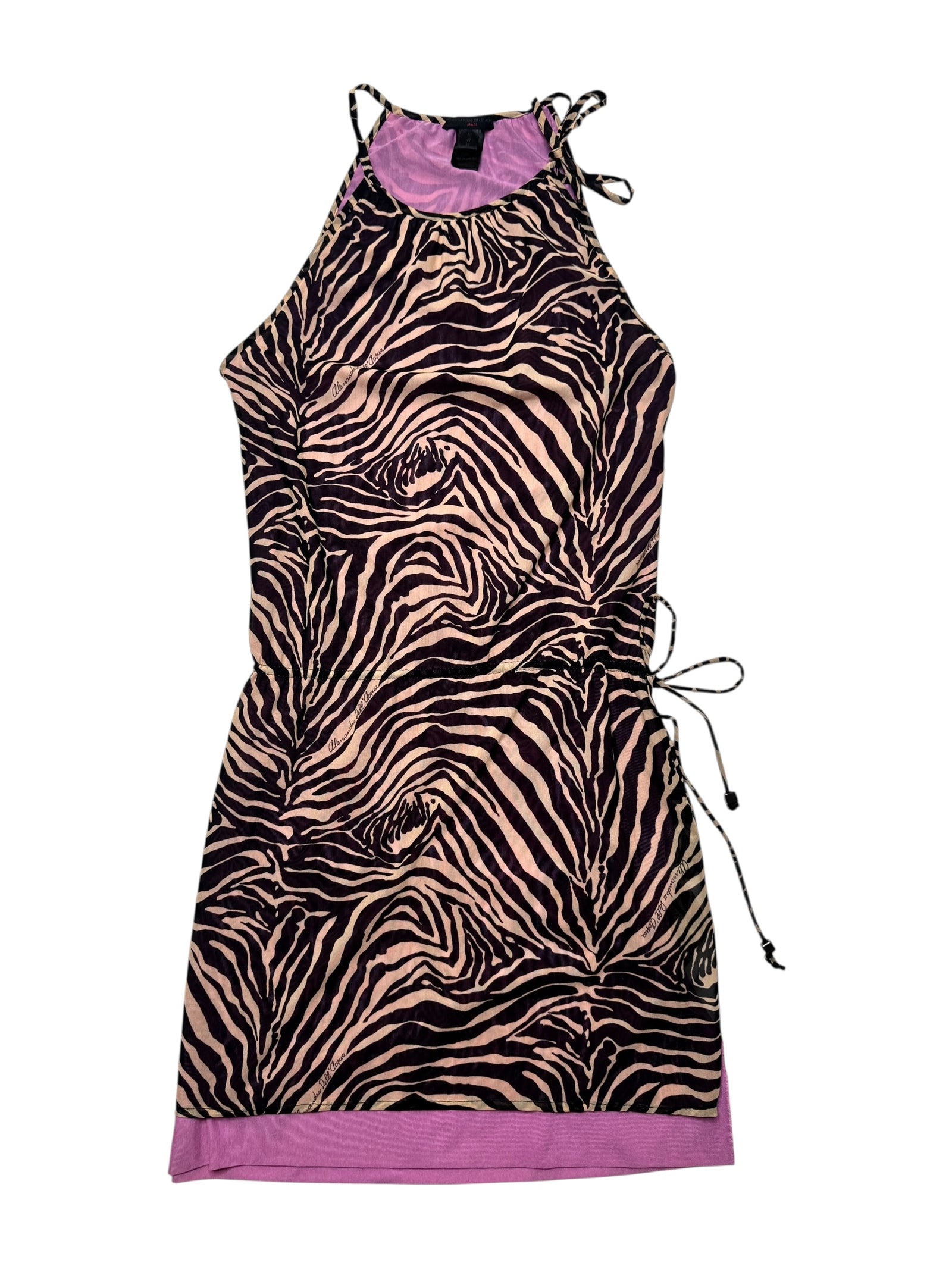 Vintage 2000s Y2K Alesandro Dell’acqua Brown & Pink Tiger Animal Print Sleeveless Layered Mini Dress with Cinched Drop Waist & Tie Details | Size M