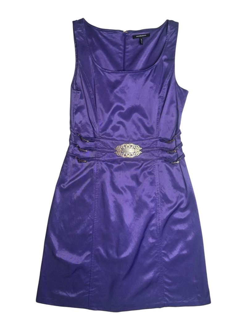 Vintage 2000s Y2K Rocco Barocco Bright Purple Formal Knee Length Sleeveless Dress with Buckle Detail | Size M
