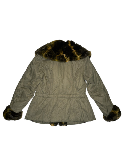 Vintage 2000s Olive Green Faux Fur Trim Snap Button Down Collared Jacket with Elasticated Waist Leather Trim & Embroidered Stitch Detail | Size L