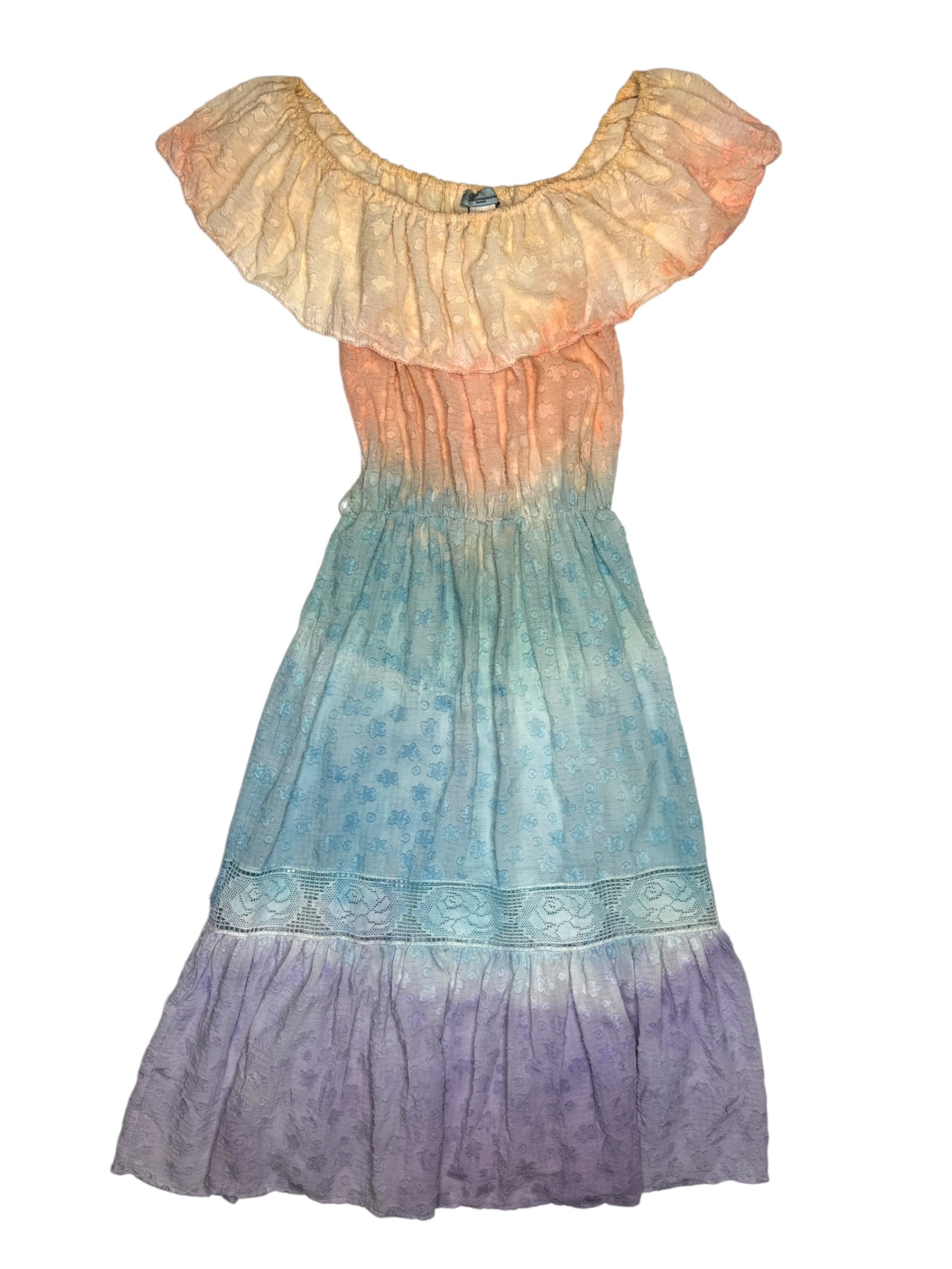 Vintage 2000s Blumarine Ombre Acid Wash Multicolored Off-the- Shoulder Ruffled Summer Maxi Dress | Size S