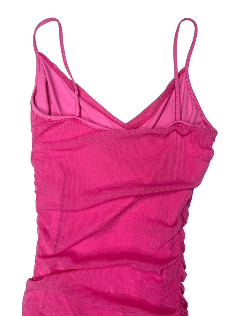 Vintage 2000s Y2K Bubblegum Pink Mesh Asymmetrical Fitted Ruched Tank Mini Party Dress | Size XS