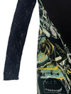 Vintage 2000s Y2K Save The Queen Dark Green & Black Abstract Print Above-the-Knee Long Sleeve Mini Dress with Lace Detail | Size L