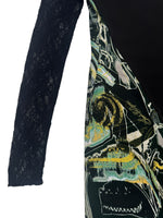 Vintage 2000s Y2K Save The Queen Dark Green & Black Abstract Print Above-the-Knee Long Sleeve Mini Dress with Lace Detail | Size L