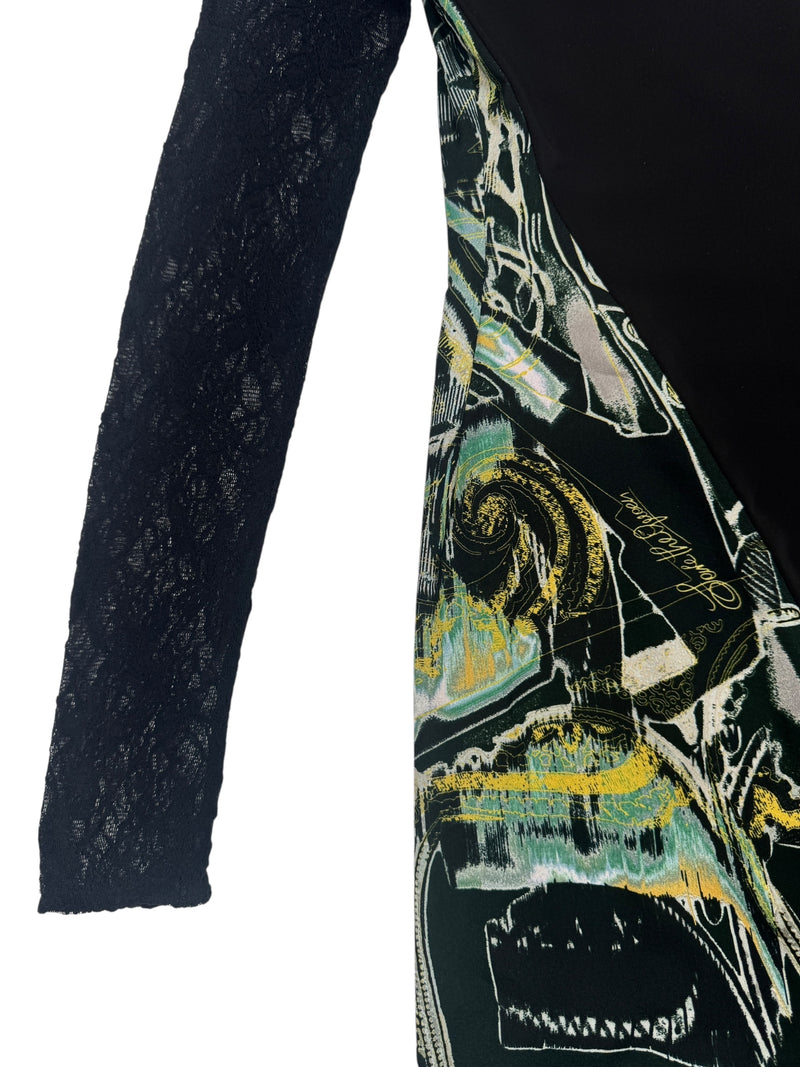 Vintage 2000s Y2K Save The Queen Dark Green & Black Abstract Print Above-the-Knee Long Sleeve Mini Dress with Lace Detail | Size L