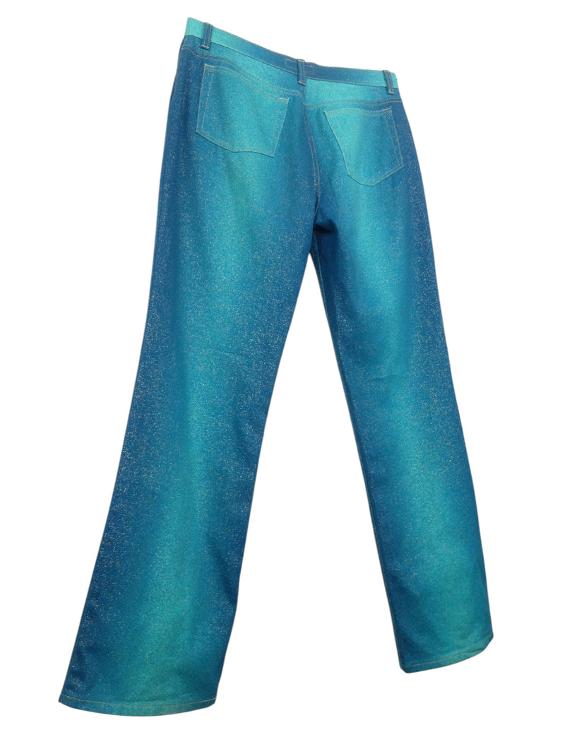 Vintage 2000s Y2K Roberto Cavalli Teal Metallic Glitter Straight Leg Jeans | 33 Inch Waist