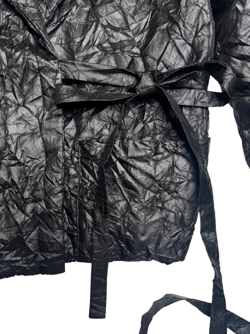 Vintage 2000s Y2K Black Lightweight Collared Crinkle Jacket with Waist Tie | Size L