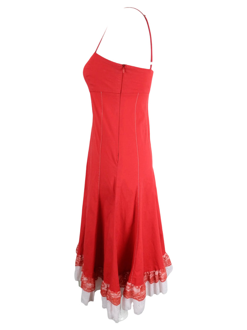 Vintage 2000s Y2K Milkmaid Prairie Bohemian Chic Pinup Style Red & White Sweetheart Neckline Sleeveless Tank Layered Ruffle Midi Dress with Lace Trim | Size S