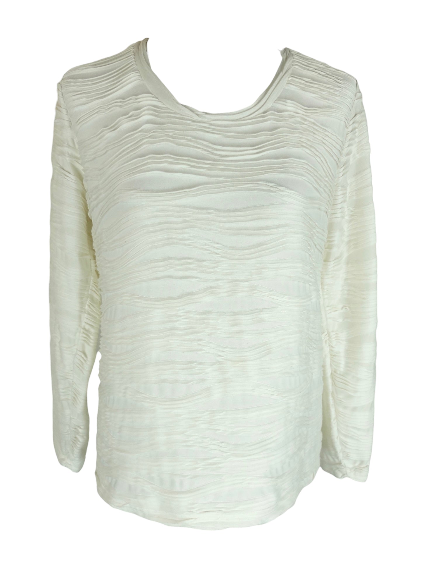 Vintage 2000s Y2K Chic Minimalist White Scoop Neck 3D Ribbed Pullover Long Sleeve Blouse | Size L