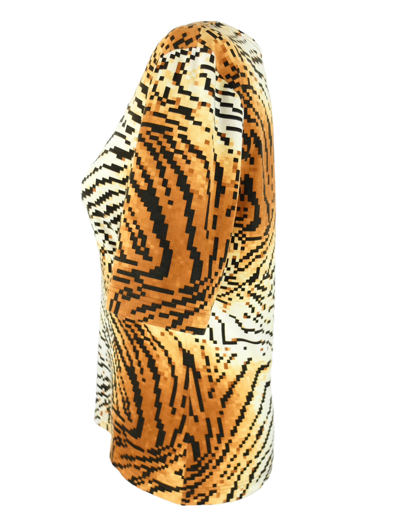 Vintage 2000s Y2K Escada Designer Digital Cyber Tiger Animal Print Scoop Neck Half Sleeve T-Shirt Blouse | Size M