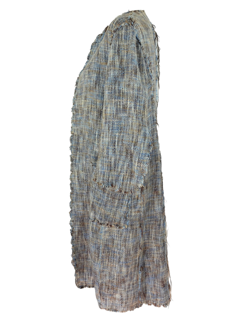 Vintage 2000s Y2K Paul Smith Bohemian Chic Woven Pastel Blue & Brown Woven Long Duster Cardigan