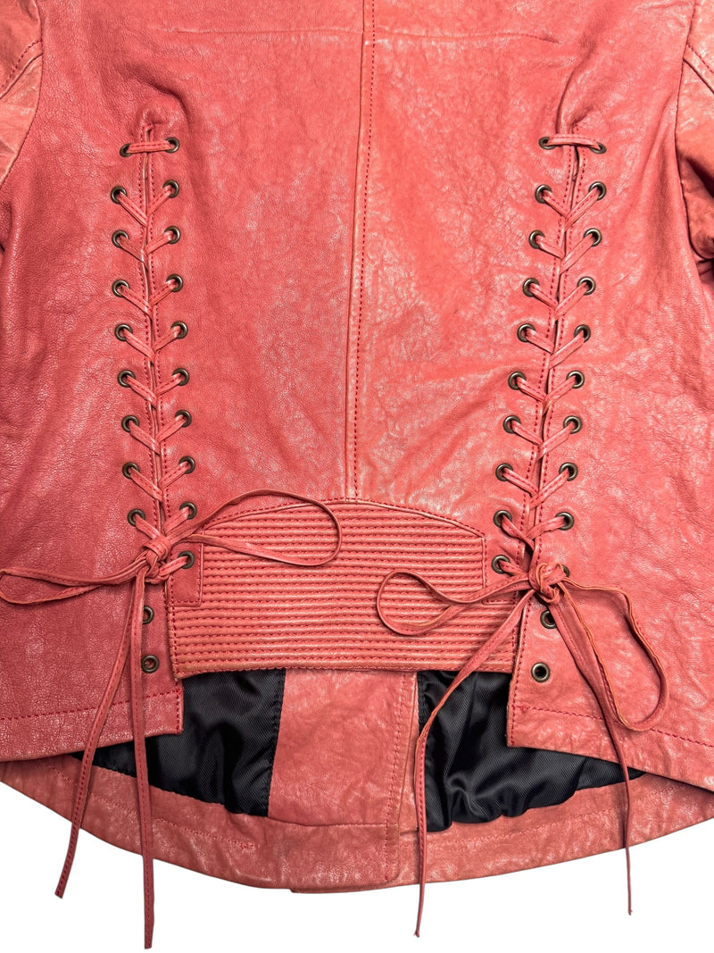 Vintage 2000s Y2K Diesel Grunge Coral Orange Zip Up Moto Leather Jacket with Corset Back Lace Detail | Size M