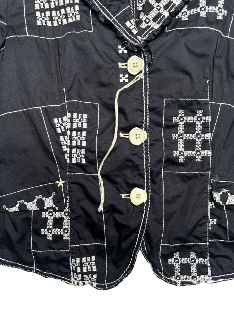 Vintage 2000s Y2K Marithé + François Girbaud Bohemian Subversive Navy Blue & White Abstract Embroidered  Button Down Collared Blazer Jacket | Size S