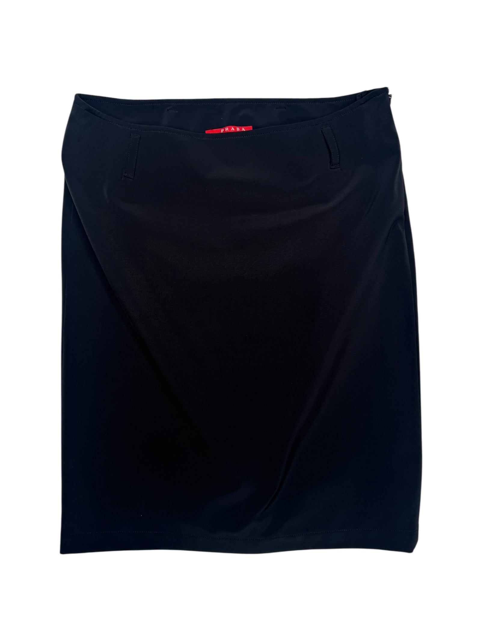 Vintage 2000s Y2K Prada Low Rise Solid Black Straight Silhouette Midi Skirt | Size S-M