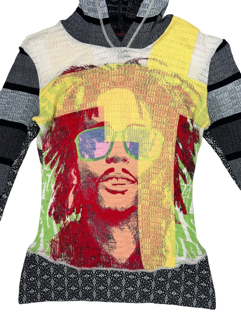 Vintage 2000s Y2K Custo Barcelona Streetwear Fitted Abstract Multicoloured Graphic Hooded Long Sleeve Shirt | Size S