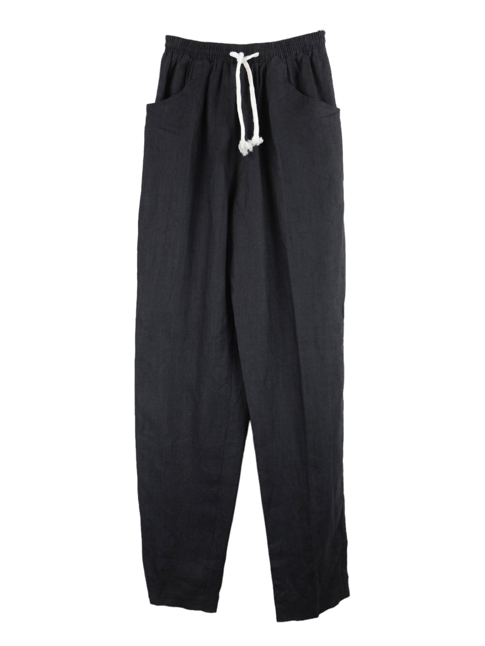 Vintage 2000s Y2K Linen Utilitarian Streetwear Basic Black Loose Relaxed Fit Trouser Pants with Elasticated Drawstring Waist | 25 Inch Waist