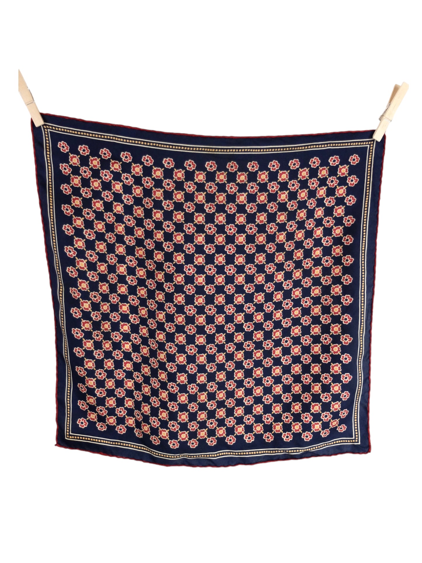 Vintage 60s Mod Psychedelic Dark Navy Blue & Red Abstract Geometric Patterned Small Square Bandana Neck Tie Scarf with Handrolled Hem