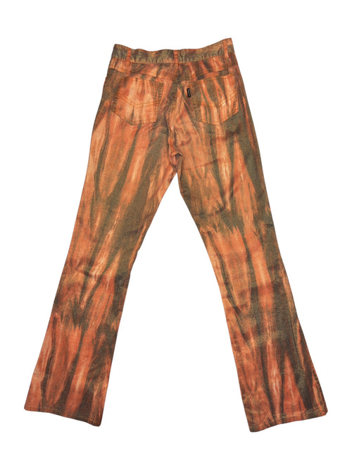 Vintage 2000s Low-Mid Rise Orange Metallic Abstract Patterned Sparkle Bootcut Trousers | Size XS