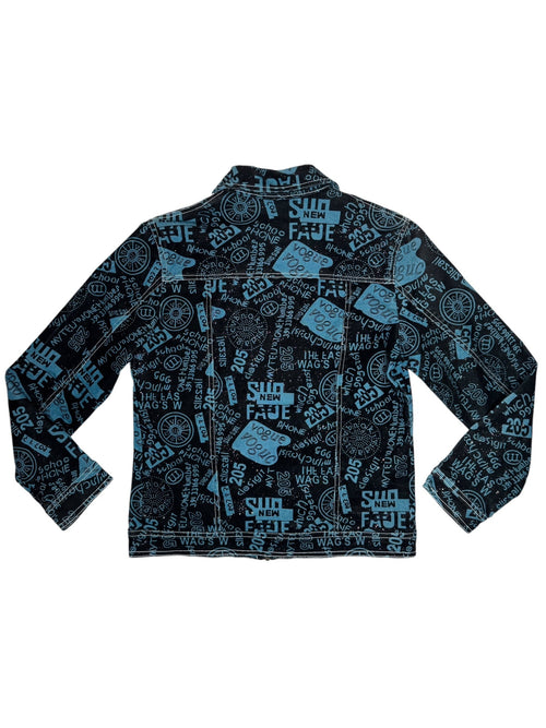 Vintage 2000s Black & Blue Abstract Vogue Print Collared Glitter Zip Up Jacket | Size M-L