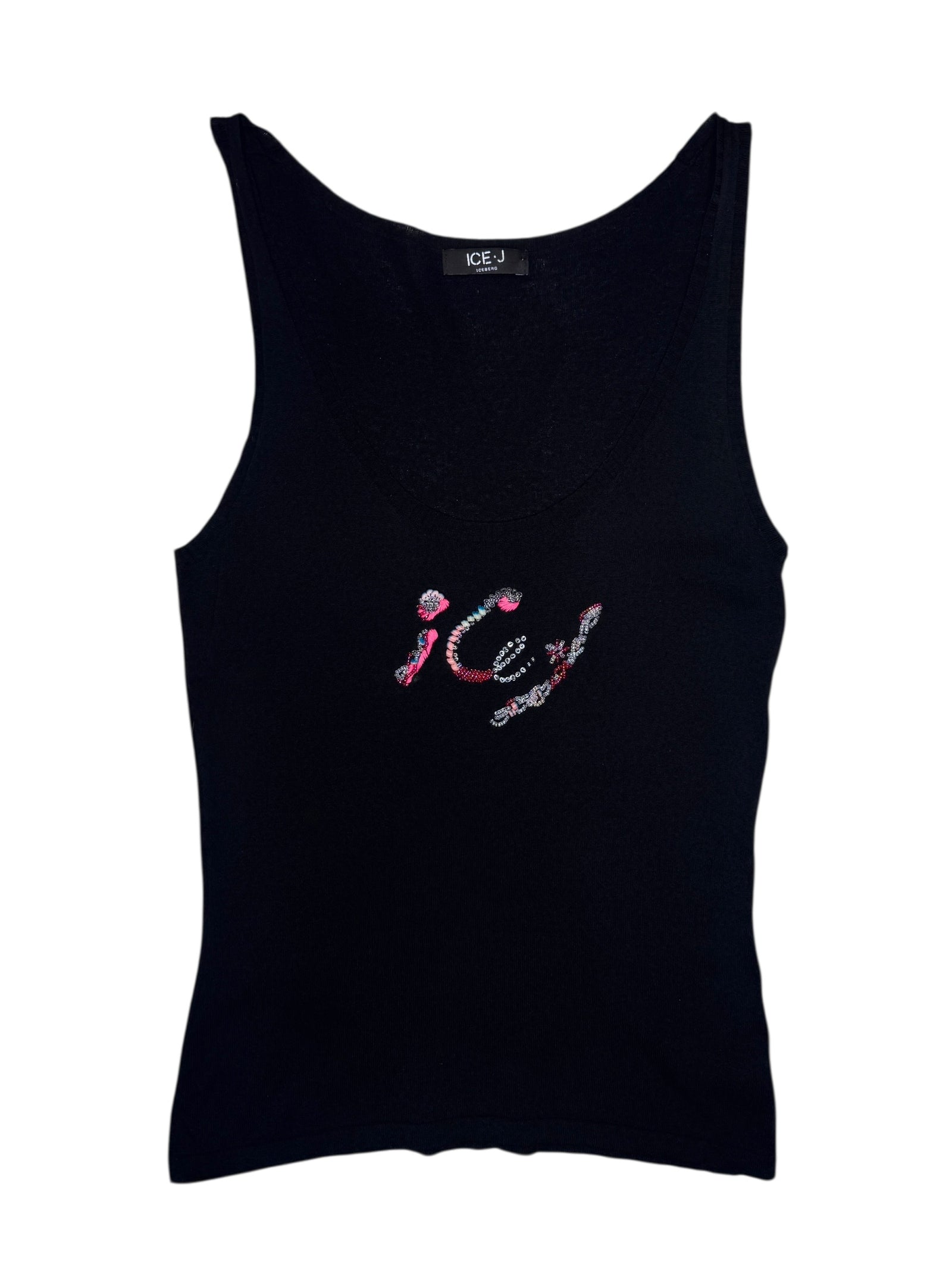Vintage 2000s ICE J ICEBERG Black Knit Sleeveless Tank Top with Pink Beading Detail | Size M