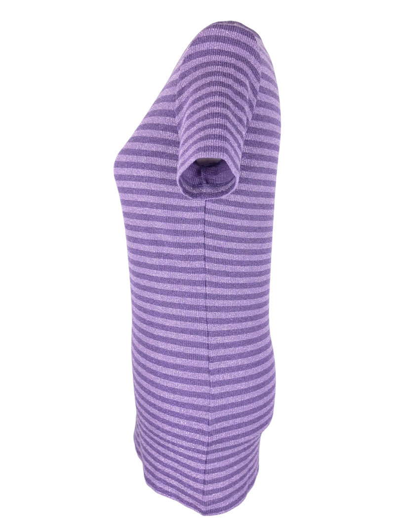 Vintage 2000s Y2K Max Mara Max & Co Crew Neck Striped Metallic Purple Knit Short Sleeve Blouse | Size M
