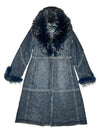 Vintage 2000s Y2K Rocco Barocco Dark Wash Blue Denim Coat with Faux Fur Collar Trim | Size L