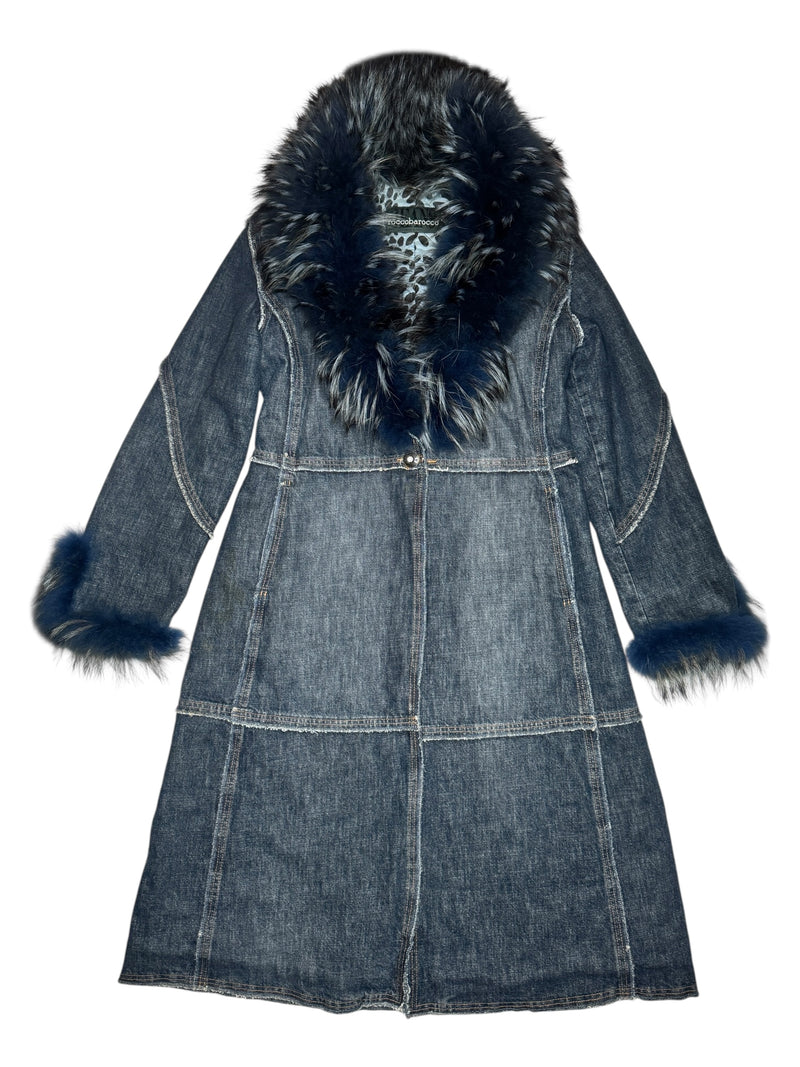Vintage 2000s Y2K Rocco Barocco Dark Wash Blue Denim Coat with Faux Fur Collar Trim | Size L