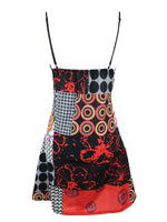 Vintage 2000s Y2K Cache Cache Grunge Gothic Sleeveless Spaghetti Strap Black & Red Abstract Geometric Patterned V-Neck Tank Above-the-Knee Mini Dress | Size S-M