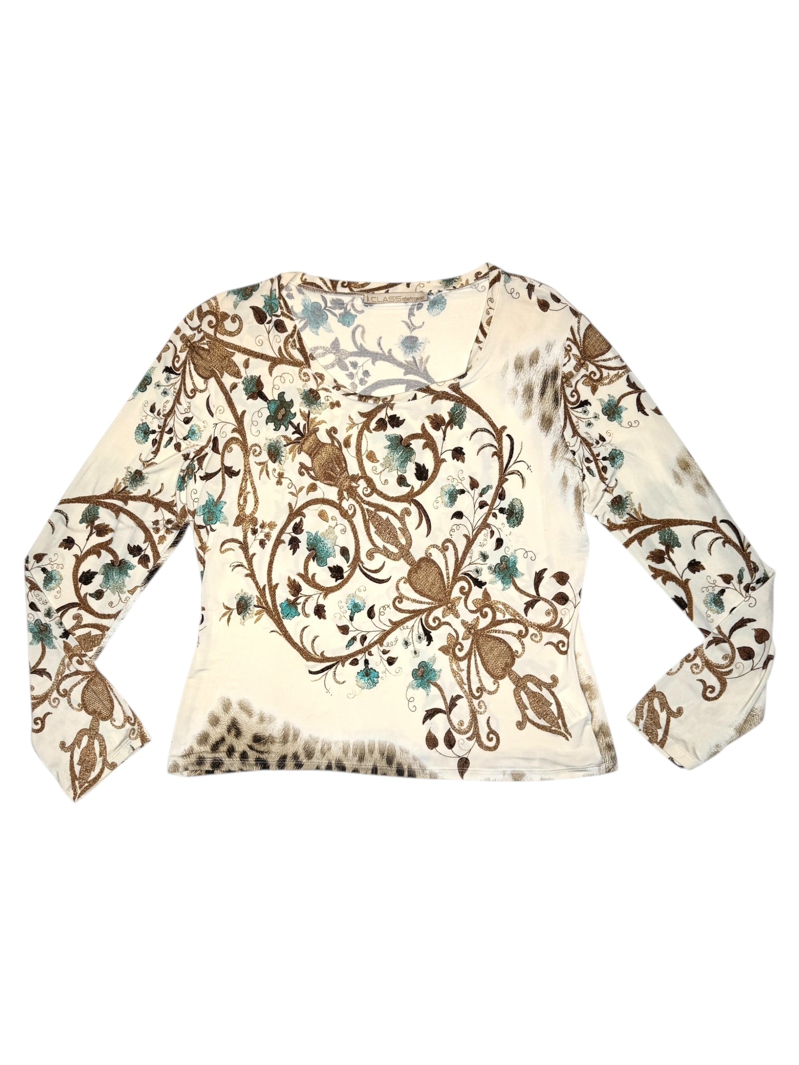 Vintage 2000s Roberto Cavalli Abstract Leopard Fleur-de-Lis Patterned Scoop Neck Long Sleeve Top | Size XL