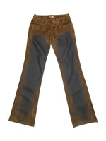 Vintage 2000s Low Rise Brown Velour Fitted Bootcut Trousers With Blue Printed Fade Detail | Size XS
