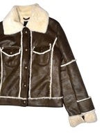 Vintage 2000s Y2K Bohemian Brown Utilitarian Faux Leather Collared Button Down Jacket With Faux Fur Lining | Size M