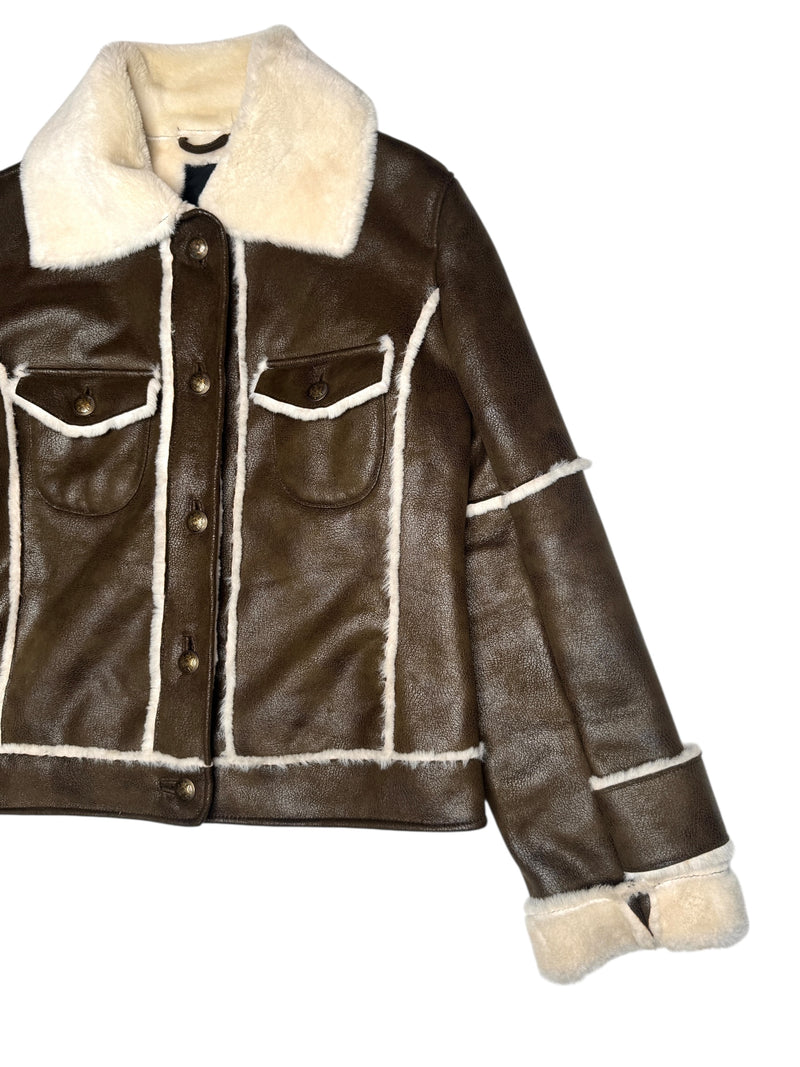 Vintage 2000s Y2K Bohemian Brown Utilitarian Faux Leather Collared Button Down Jacket With Faux Fur Lining | Size M