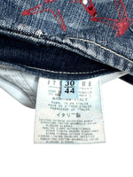 Vintage 2000s Y2K Versace Jeans Couture Low Rise Medium Wash Faded Denim Skirt With Red Stars & Rhinestones | Size M