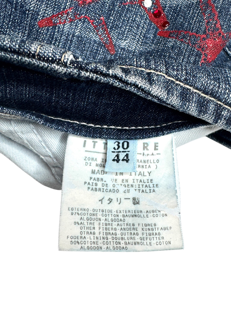 Vintage 2000s Y2K Versace Jeans Couture Low Rise Medium Wash Faded Denim Skirt With Red Stars & Rhinestones | Size M