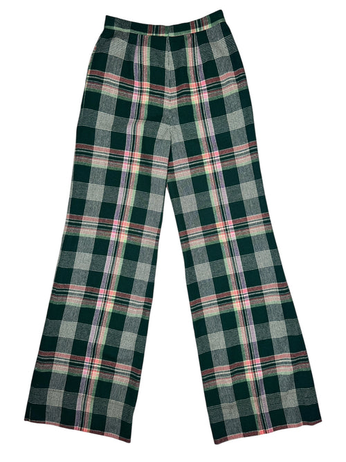 Vintage 70s Mod Bohemian Hippie High Waisted Wool Green & Pink Tartan Check Print Wide Leg Trousers | 26 Inch Waist