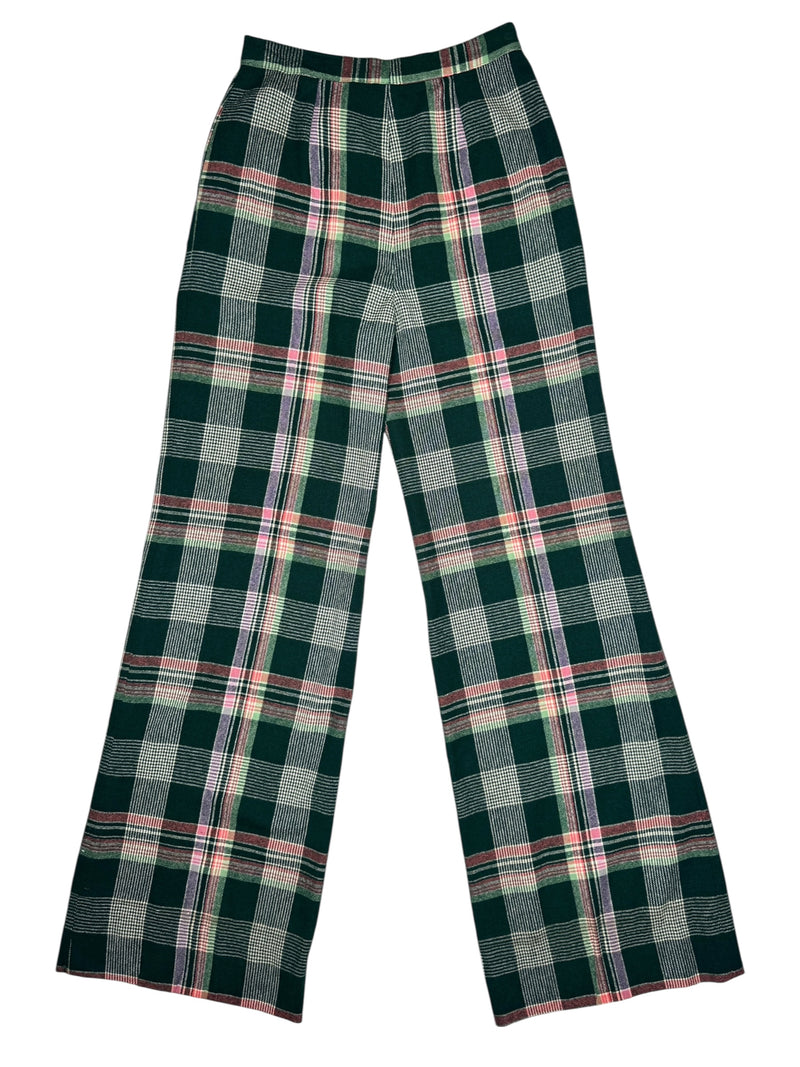 Vintage 70s Mod Bohemian Hippie High Waisted Wool Green & Pink Tartan Check Print Wide Leg Trousers | 26 Inch Waist