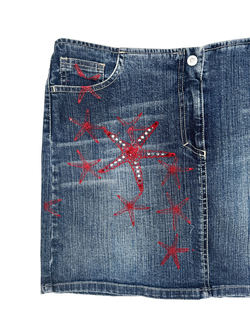 Vintage 2000s Y2K Versace Jeans Couture Low Rise Medium Wash Faded Denim Skirt With Red Stars & Rhinestones | Size M