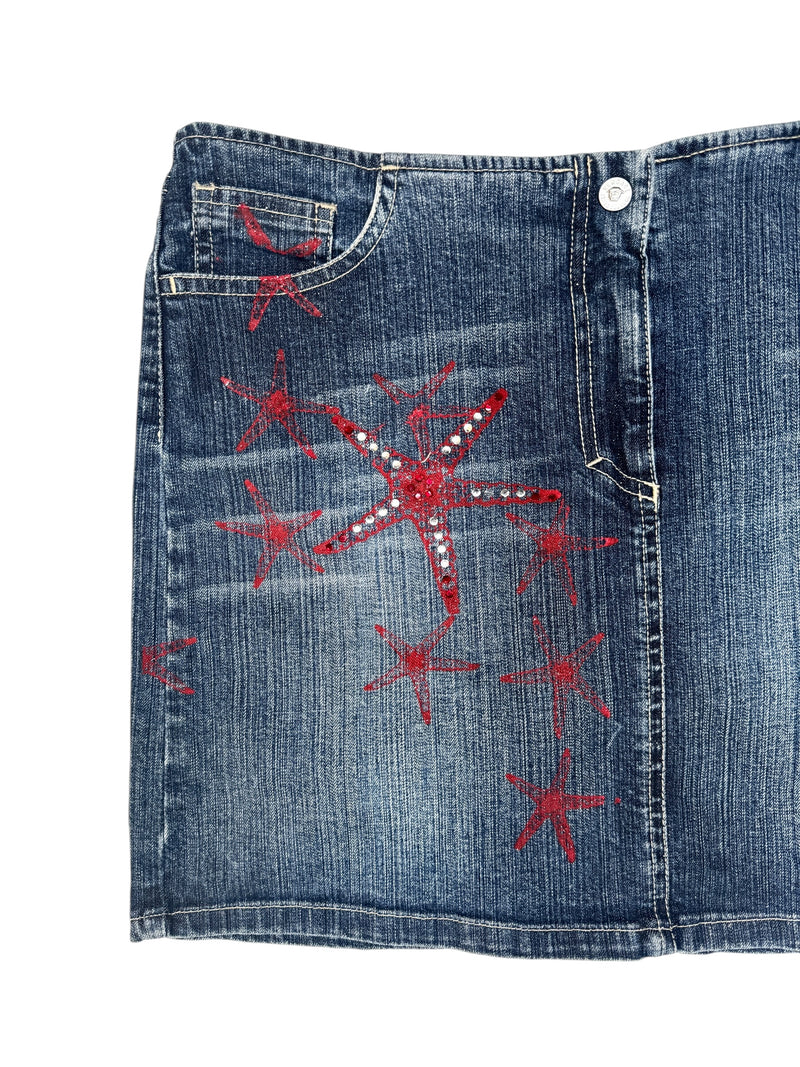 Vintage 2000s Y2K Versace Jeans Couture Low Rise Medium Wash Faded Denim Skirt With Red Stars & Rhinestones | Size M