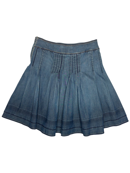 Vintage 2000s BOSS by HUGO BOSS Blue Denim Pleated Above-the-Knee Circle Skirt | Size S-M