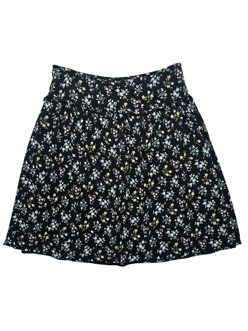 Vintage 2000s Y2K Max & Co Bohemian Chic Black Blue Floral High Waisted Above-the-Knee Chiffon A-Line Circle Skirt | Size M