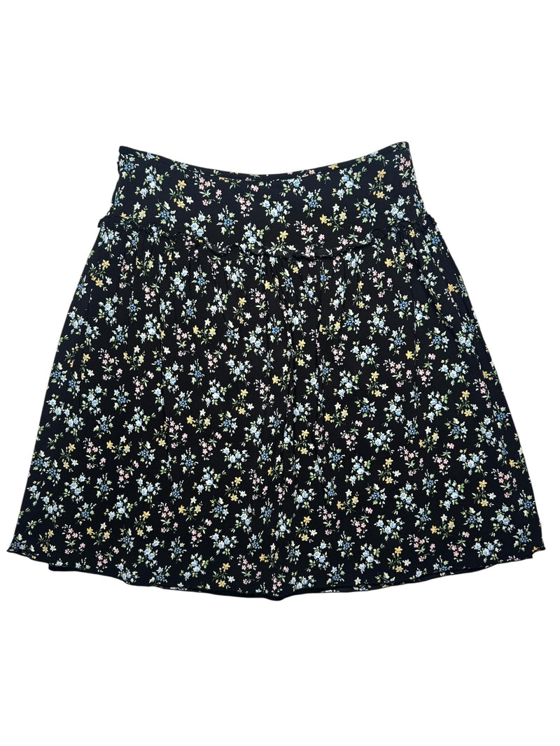 Vintage 2000s Y2K Max & Co Bohemian Chic Black Blue Floral High Waisted Above-the-Knee Chiffon A-Line Circle Skirt | Size M