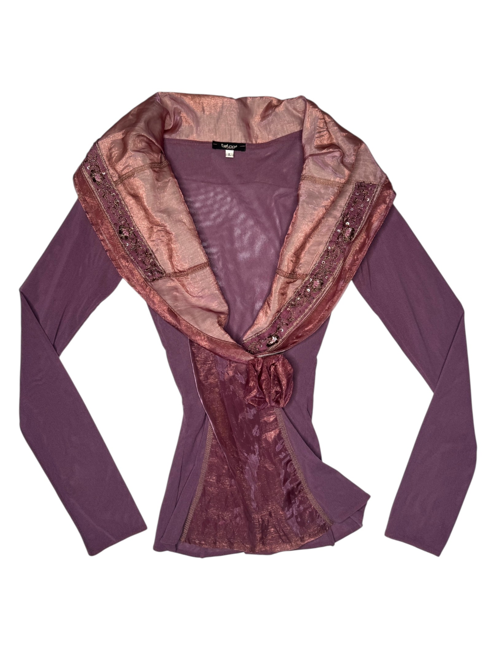 Vintage 2000s Y2K Plum Purple Cowl Collared Long Sleeve Mesh Top with Floral Detail | Size M