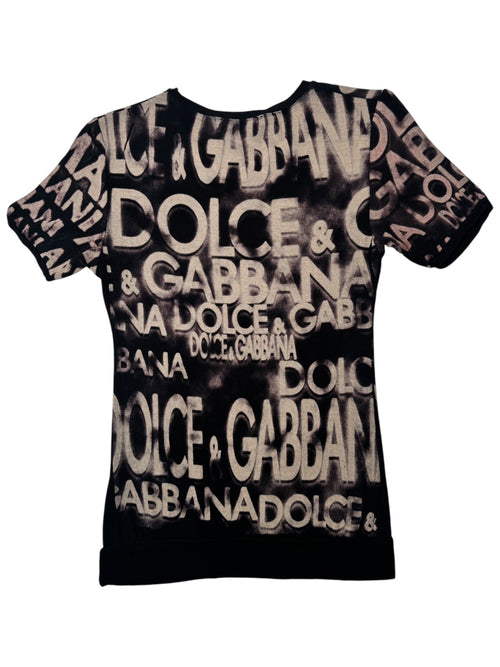 Vintage 2000s Y2K Dolce & Gabbana Black & Beige Bedazzled Rhinestone Graphic Short Sleeve Logo Tee | Size M-L
